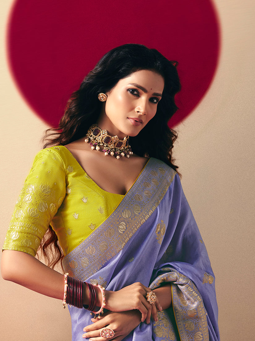 Lavender Viscose Silk Saree with Rich Zari Weaving and Tassels
