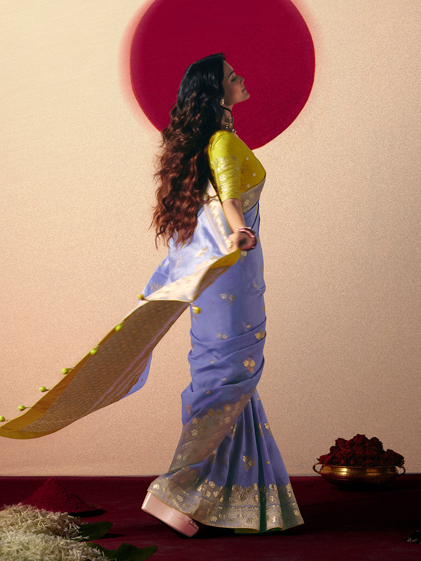 Lavender Viscose Silk Saree with Rich Zari Weaving and Tassels