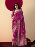 Vibrant magenta viscose silk saree with intricate gold zari weaving and designer tassels