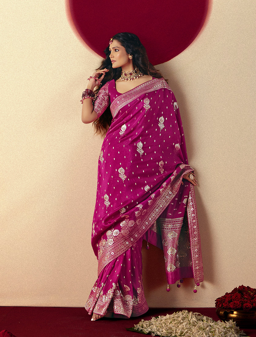 Magenta Viscose Silk Saree with Rich Zari Weaving & Tassels