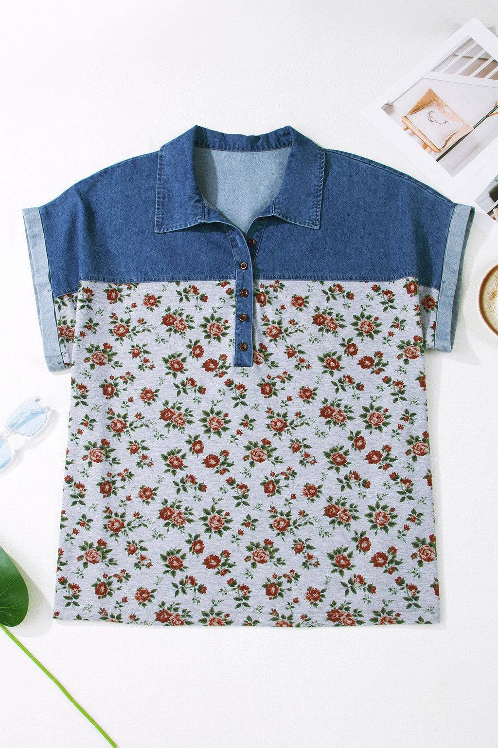 Karla Patchwork Polo Tee with Floral Print in Blue and Grey