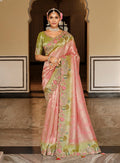 Pastel Pink and Olive Green Silk Blend Saree with detailed floral Meenakari Zari work