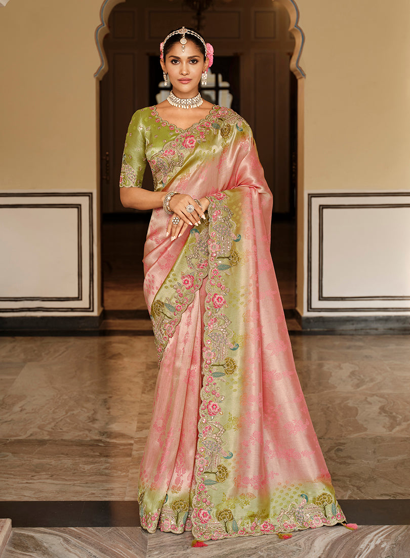 Pastel Pink and Olive Green Silk Blend Saree with detailed floral Meenakari Zari work