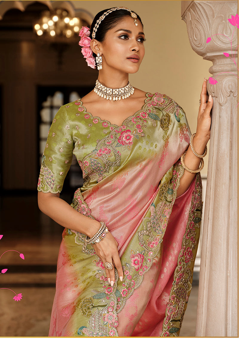 Pastel Pink & Olive Green Silk Blend Saree with Floral Zari Work