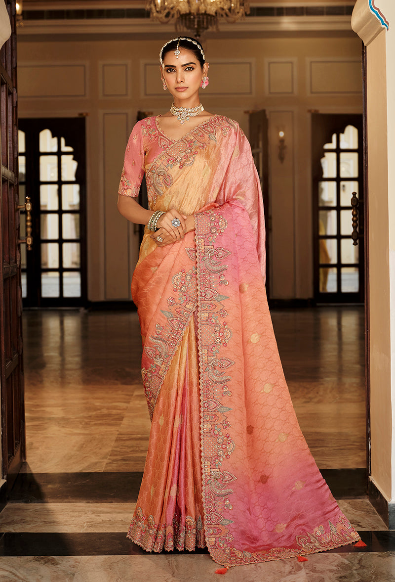 Peach and Rose Pink Silk Blend Saree with intricate Meenakari Zari detailing draped elegantly