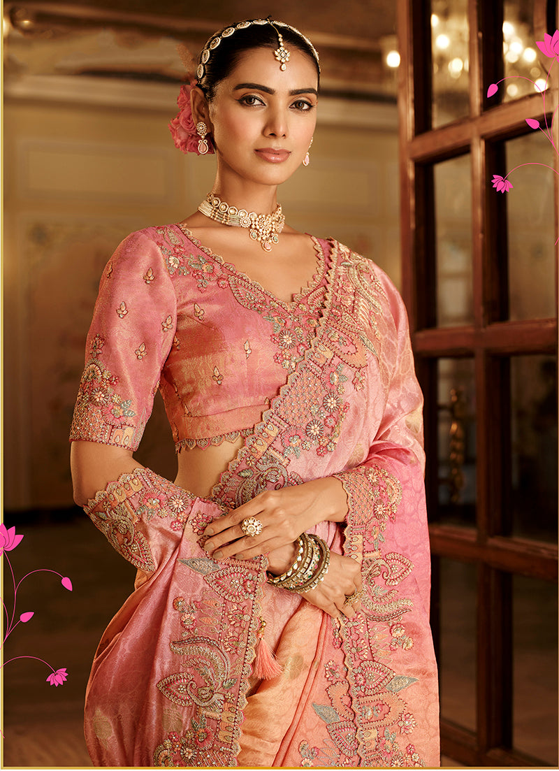 Peach & Rose Pink Silk Blend Saree with Intricate Meenakari Zari