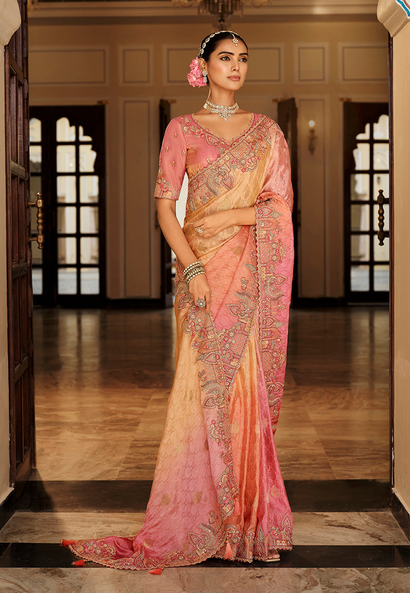 Peach & Rose Pink Silk Blend Saree with Intricate Meenakari Zari