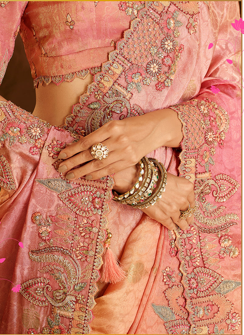 Peach & Rose Pink Silk Blend Saree with Intricate Meenakari Zari