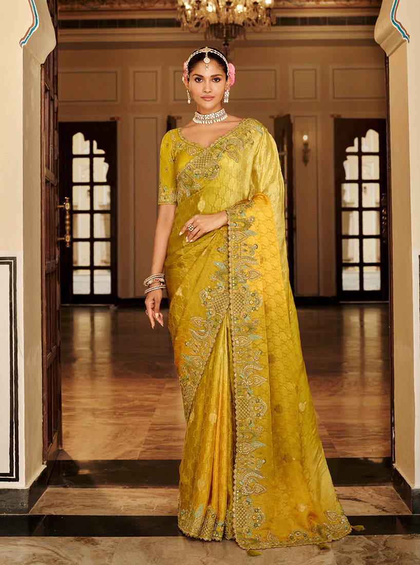 Mustard Yellow Silk Blend Saree with detailed Meenakari Zari patterns