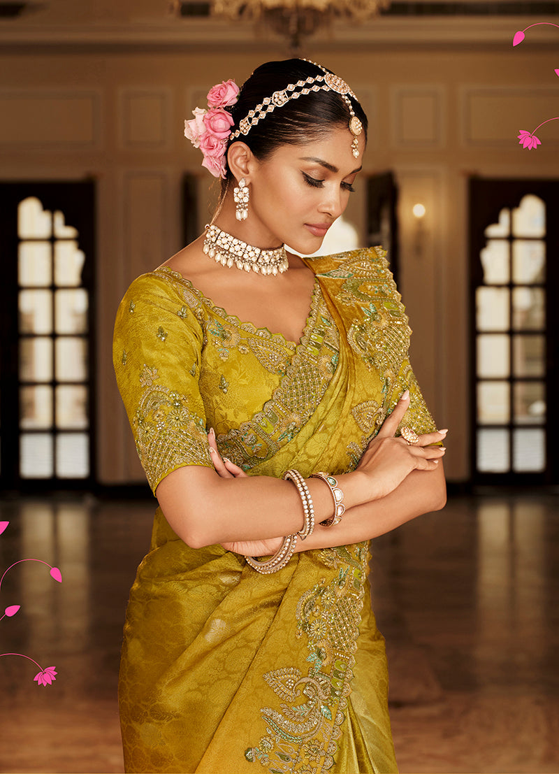 Mustard Yellow Silk Blend Saree with Meenakari Zari Weaving