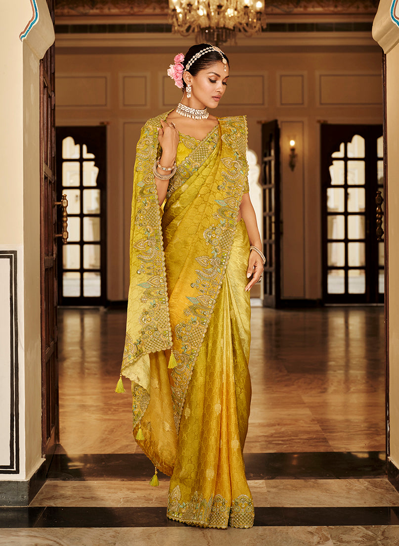 Mustard Yellow Silk Blend Saree with Meenakari Zari Weaving