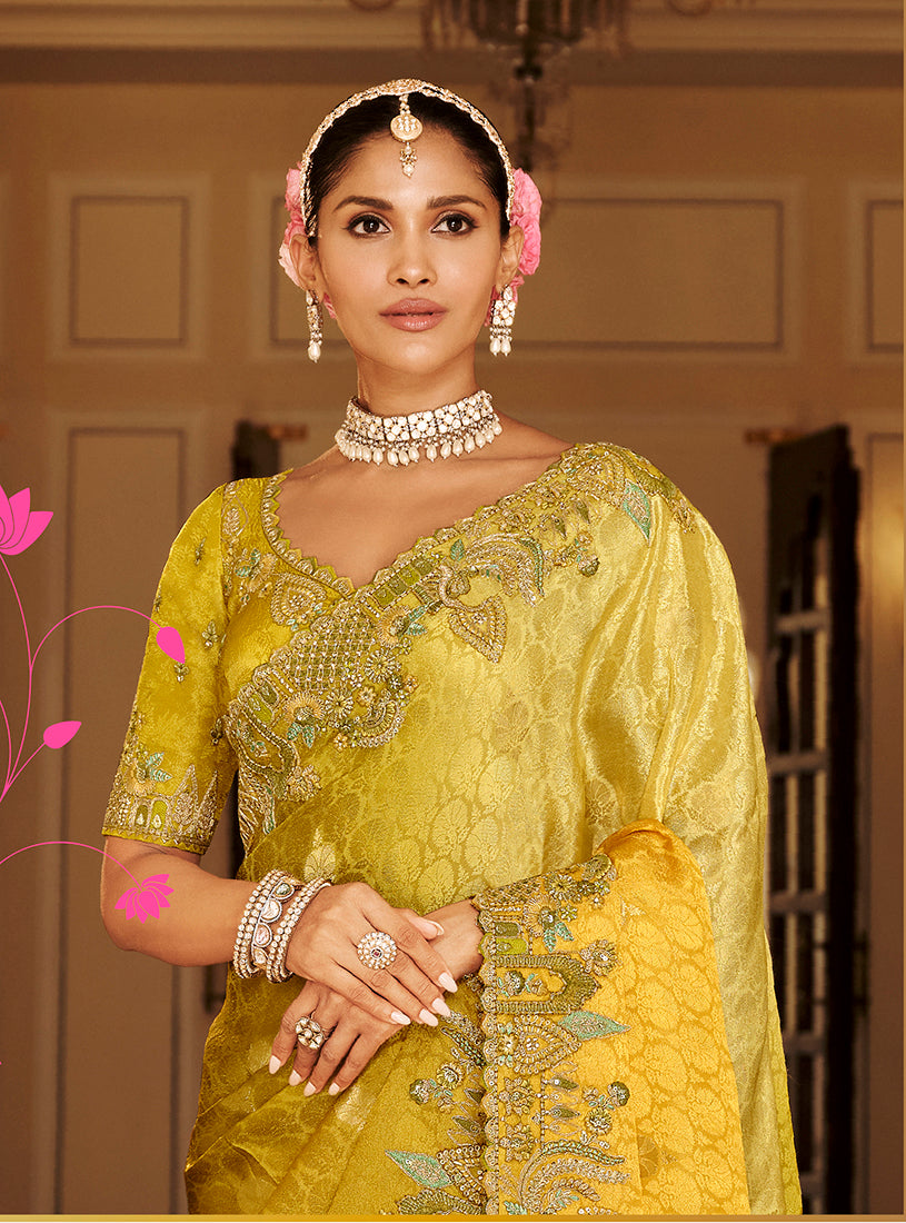 Mustard Yellow Silk Blend Saree with Meenakari Zari Weaving