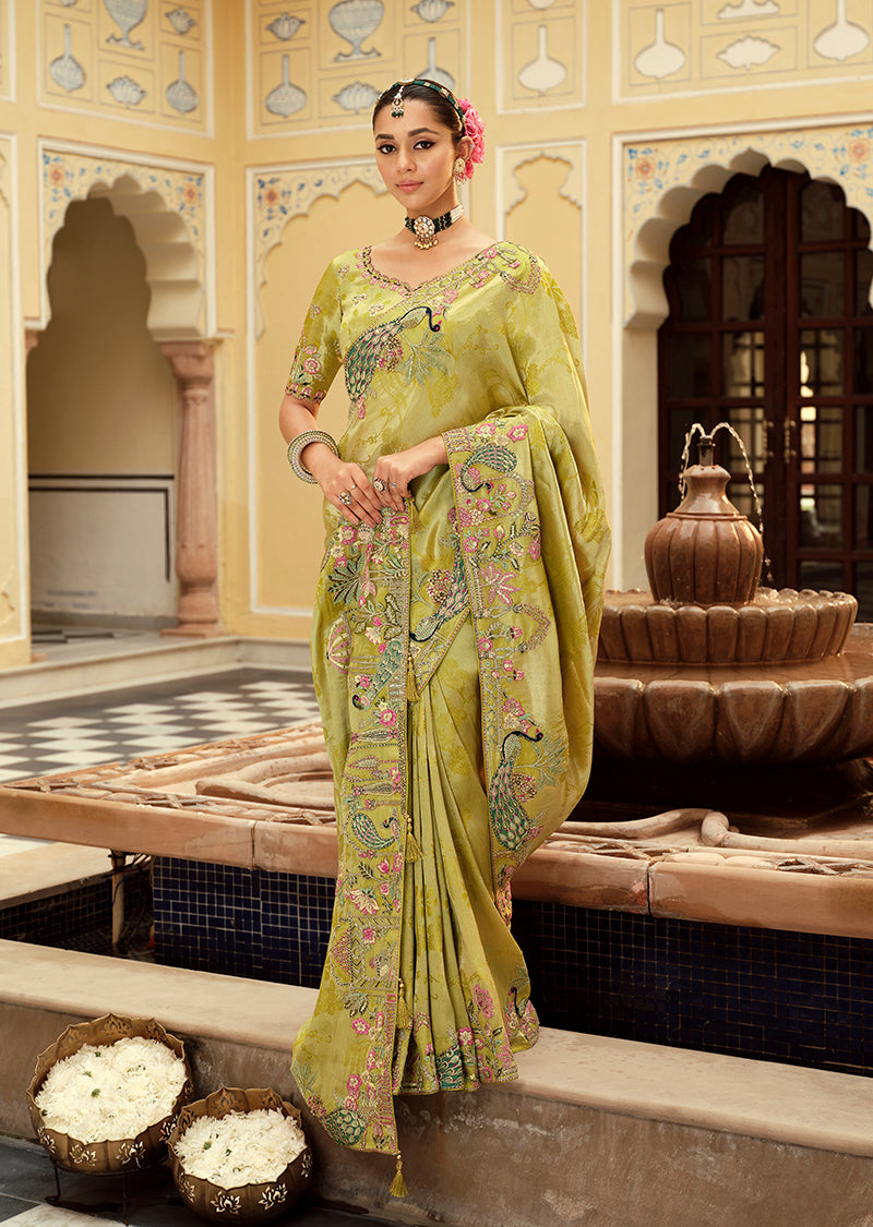 Light green silk blend saree with intricate Meenakari zari weaving pattern