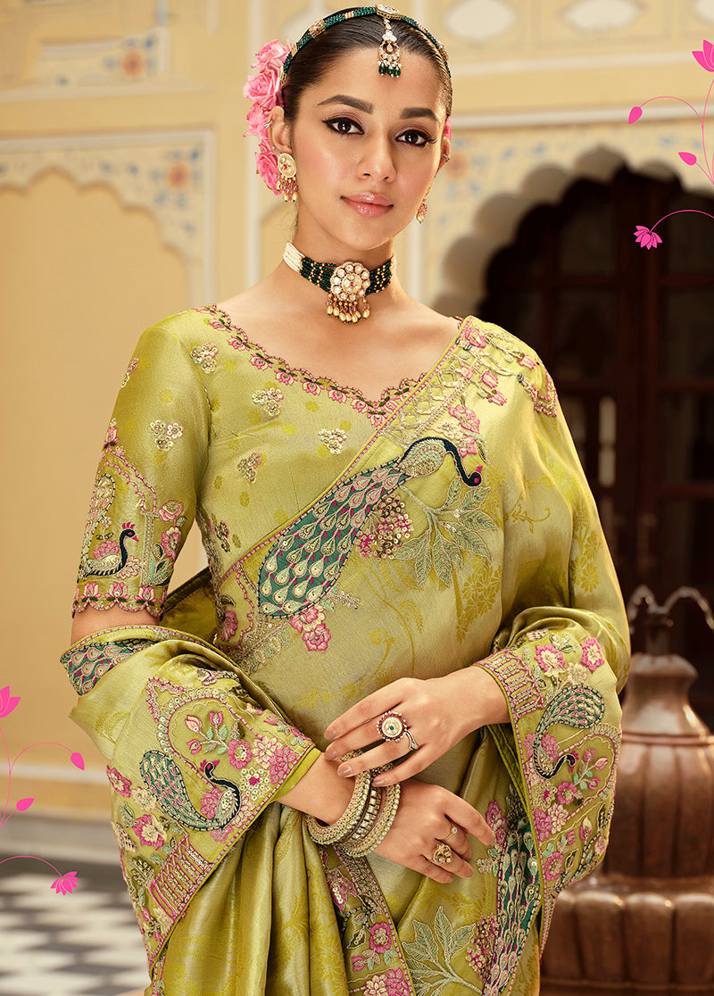 Light Green Silk Blend Saree with Meenakari Zari Weaving