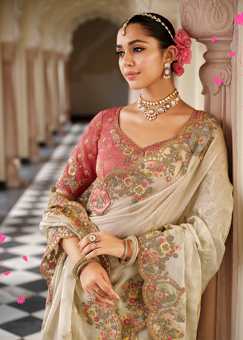 Off White Silk Blend Saree with Intricate Meenakari Zari Weaving