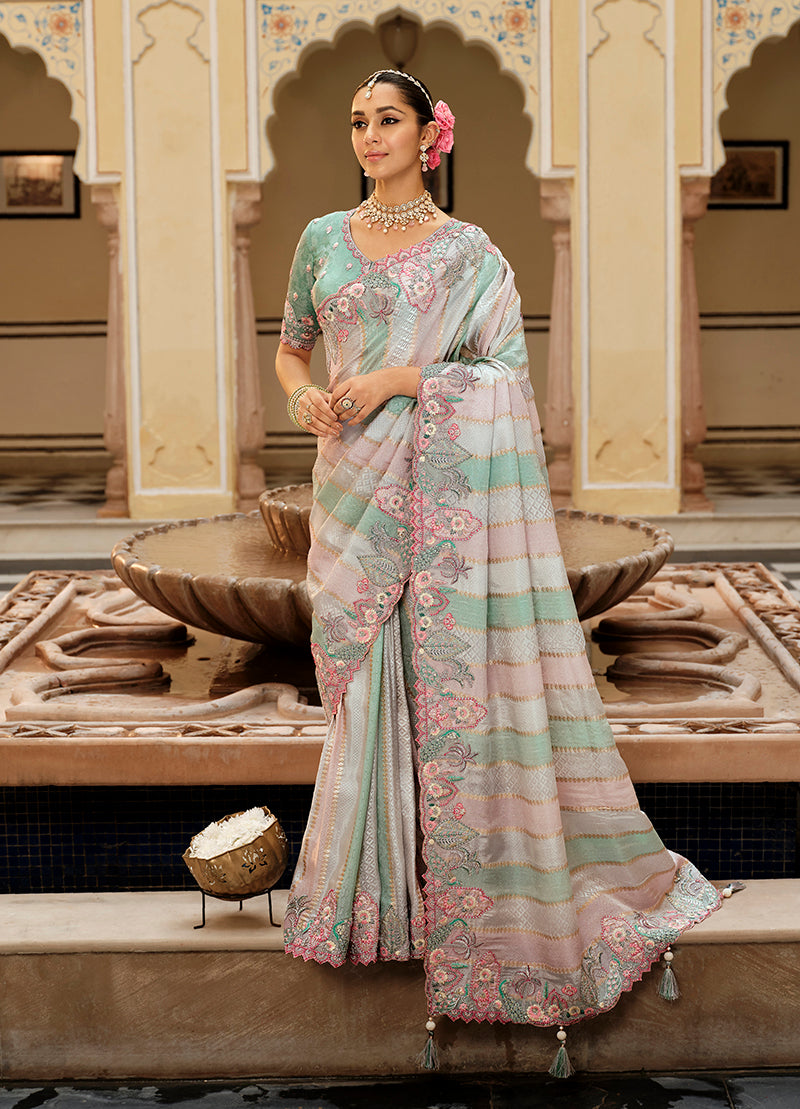 Multicolor silk blend saree with intricate Meenakari zari weaving and striped pattern