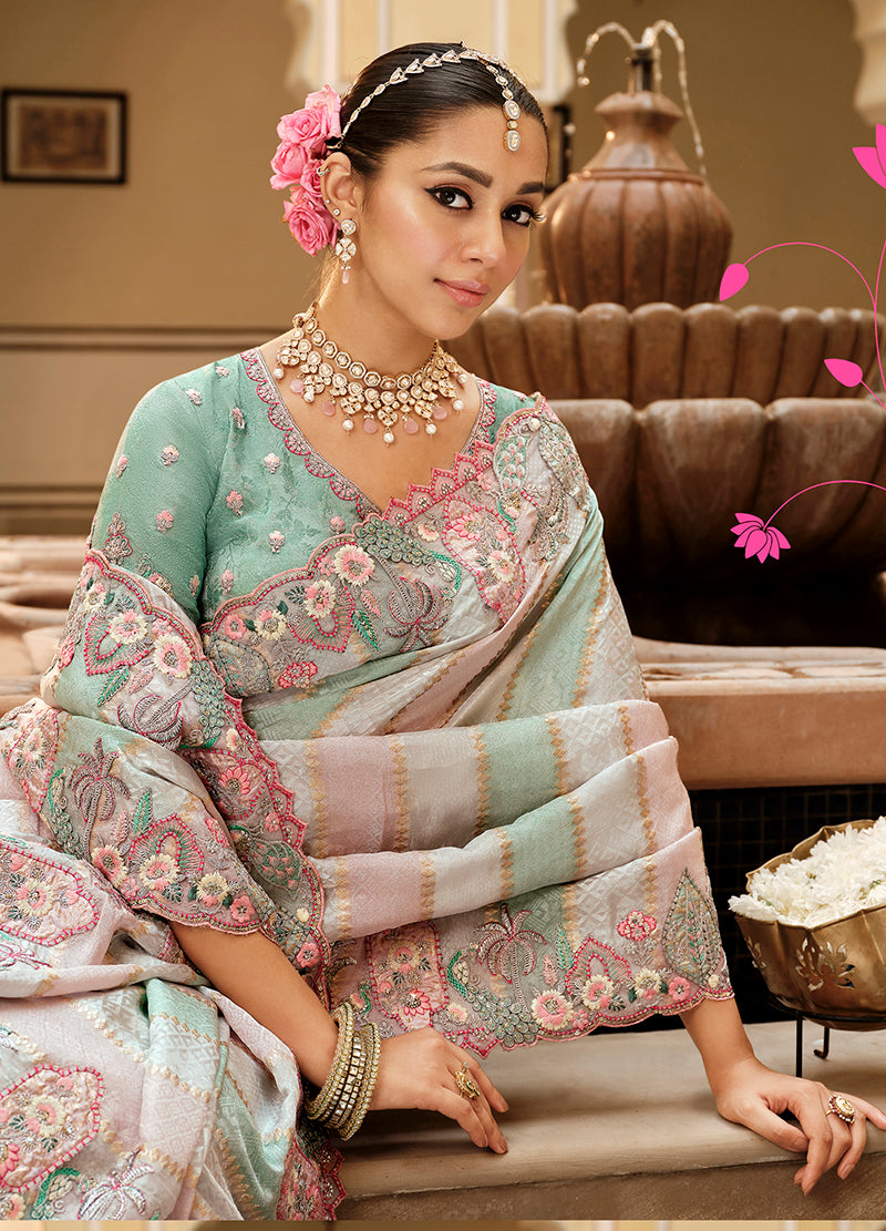 Multicolor Striped Silk Blend Saree with Meenakari Zari Weaving