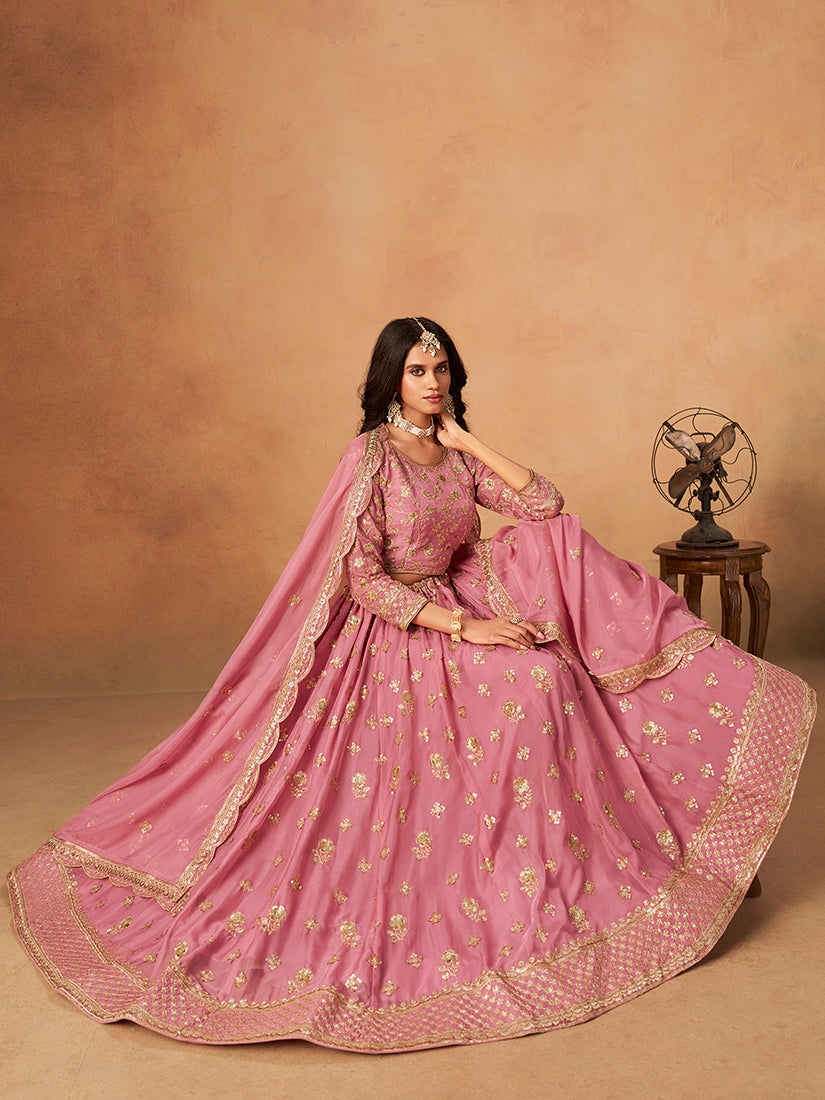 Pink organza trendy lehenga choli with detailed embroidery