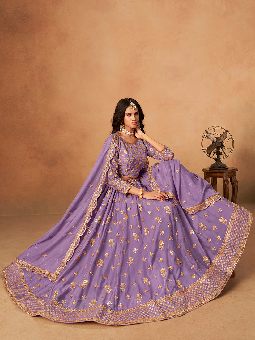 Lavender Organza Lehenga Choli with Intricate Embroidery