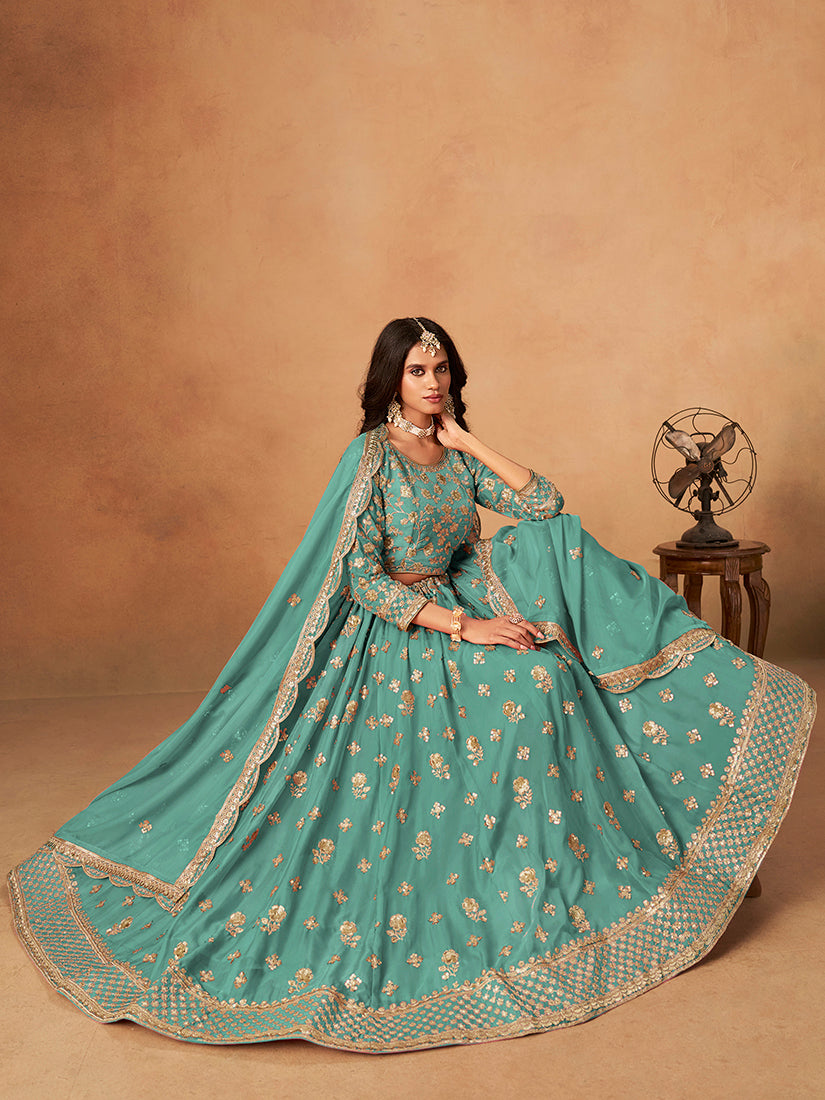 Monjolika Fashion Embroidered Turquoise Organza Trendy Lehenga Choli
