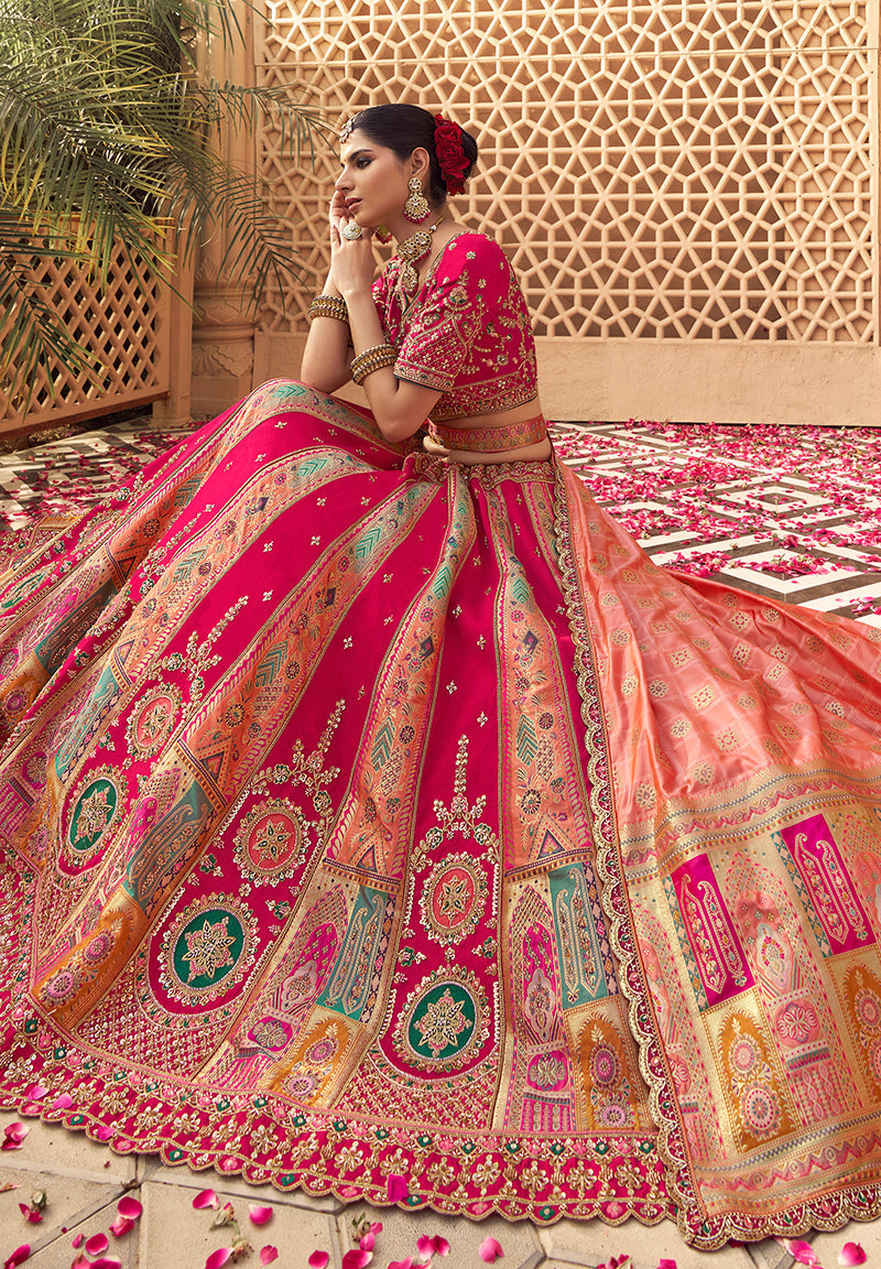 Rani Pink & Peach Banarasi Silk Wedding Lehenga Set