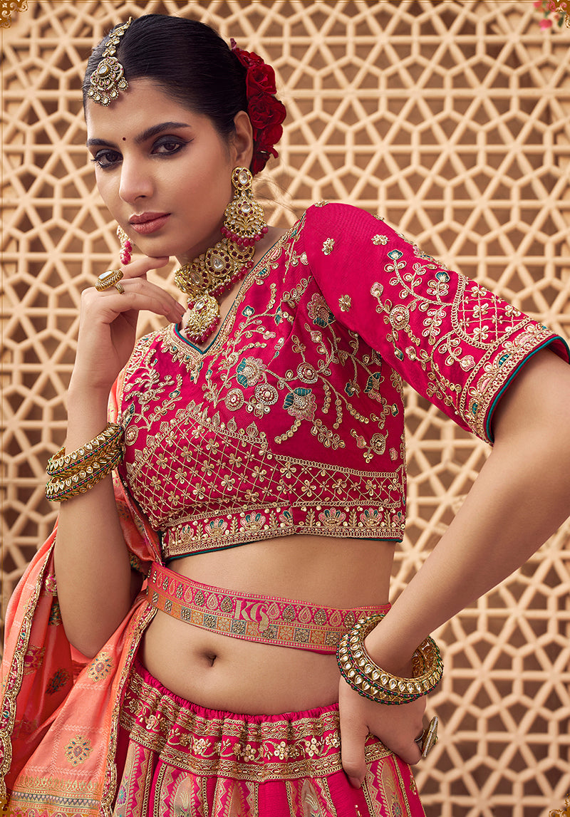 Rani Pink & Peach Banarasi Silk Wedding Lehenga Set