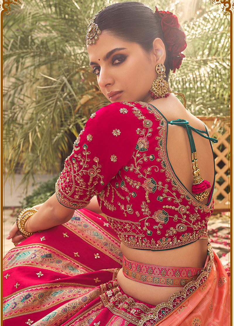 Rani Pink & Peach Banarasi Silk Wedding Lehenga Set