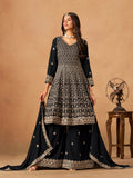 Black faux georgette salwar kameez with sequins and embroidery for festive wear