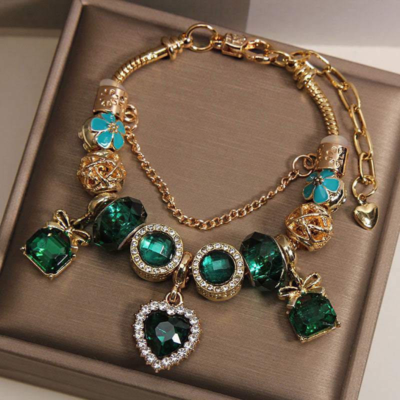 Green Crystal Heart Pendant Bracelet