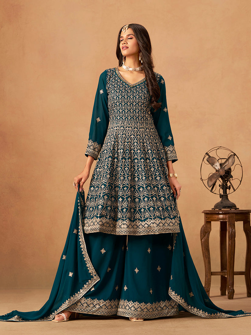 Monjolika Fashion Teal Embroidered Faux Georgette Trendy Palazzo Salwar Kameez
