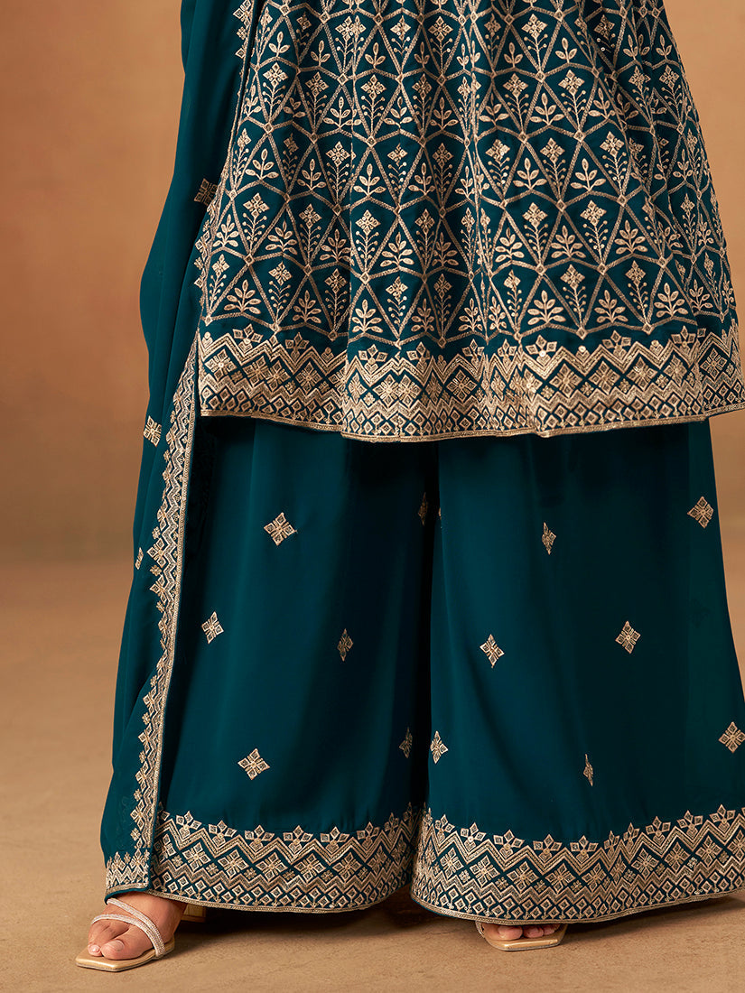 Monjolika Fashion Teal Embroidered Faux Georgette Trendy Palazzo Salwar Kameez