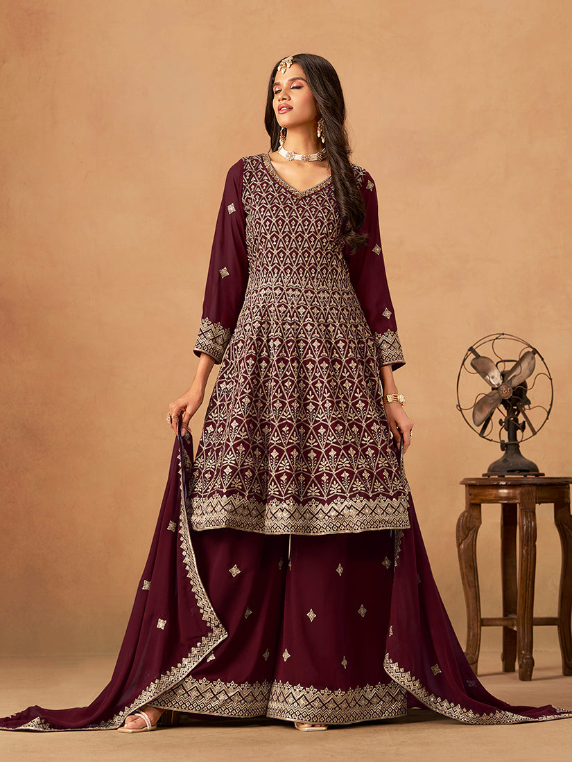 Maroon Faux Georgette Embroidered Palazzo Salwar Kameez