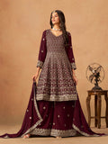 Maroon Faux Georgette Embroidered Palazzo Salwar Kameez
