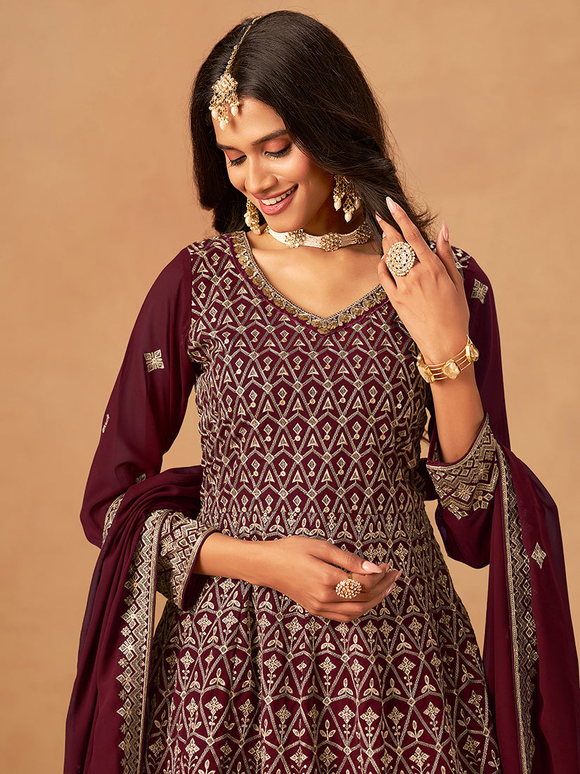Maroon Faux Georgette Embroidered Palazzo Salwar Kameez