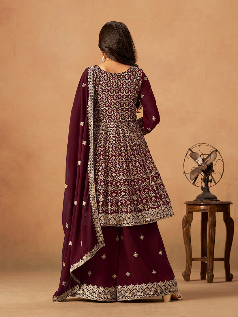 Maroon Faux Georgette Embroidered Palazzo Salwar Kameez