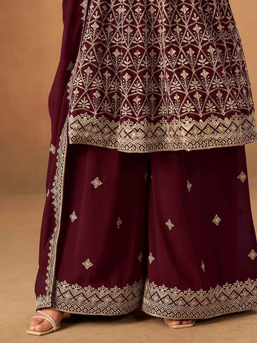 Maroon Faux Georgette Embroidered Palazzo Salwar Kameez