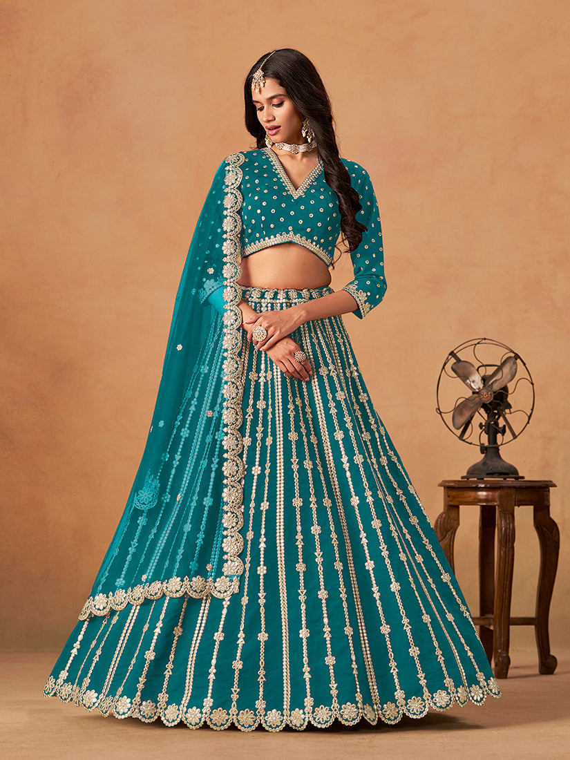 Teal Blue Art Silk designer lehenga choli with detailed embroidery