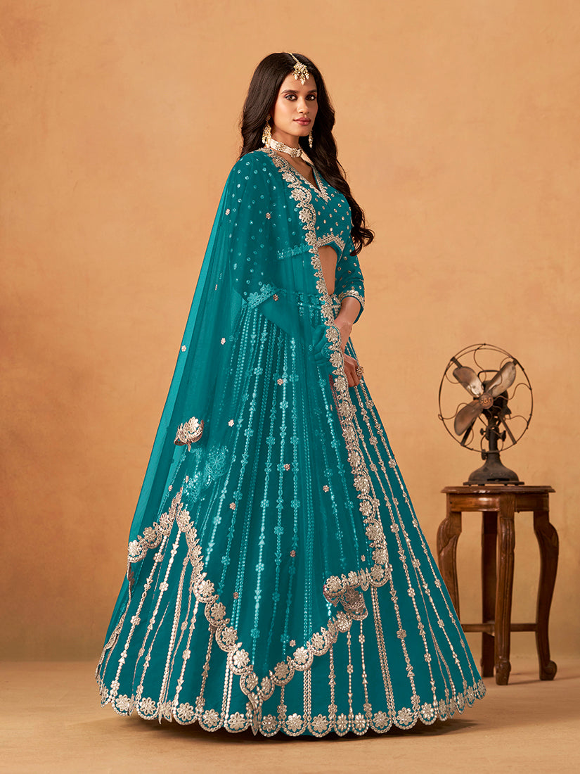 Teal Blue Embroidered Art Silk Designer Lehenga Choli