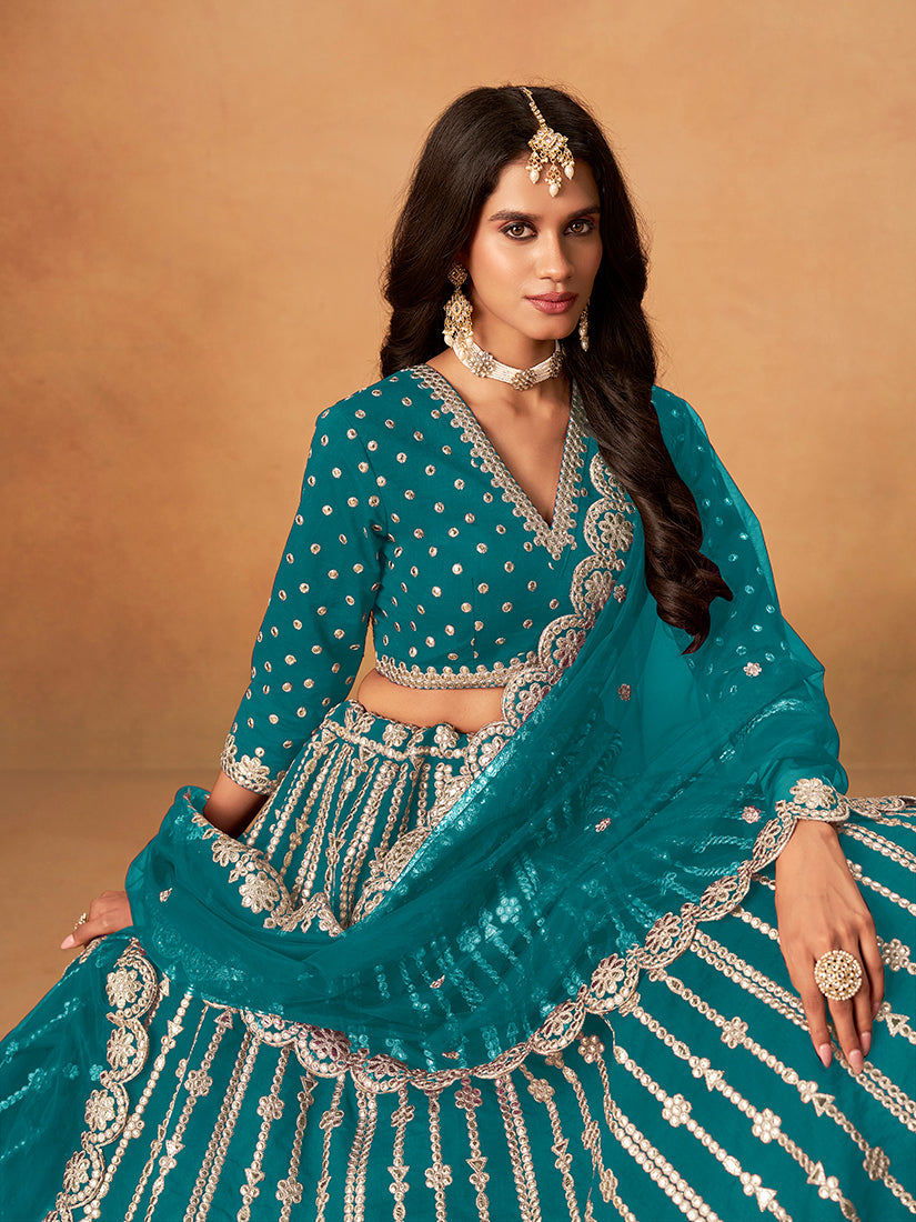 Teal Blue Embroidered Art Silk Designer Lehenga Choli