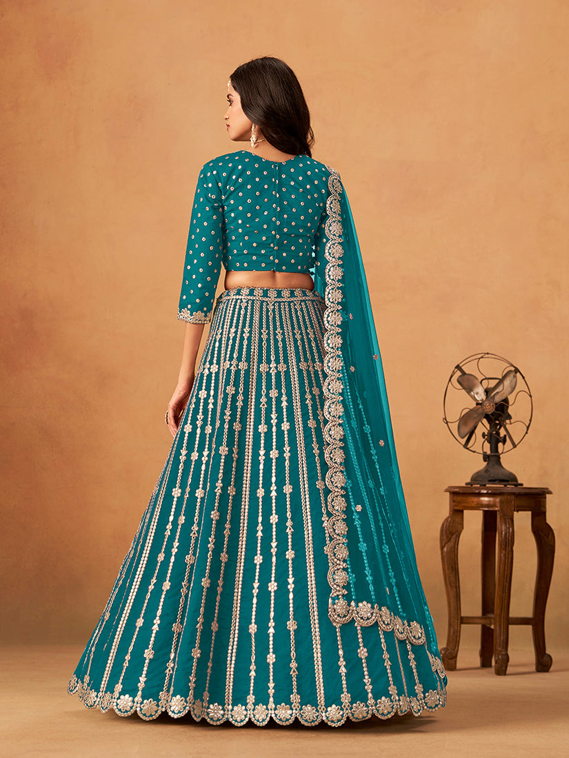 Teal Blue Embroidered Art Silk Designer Lehenga Choli