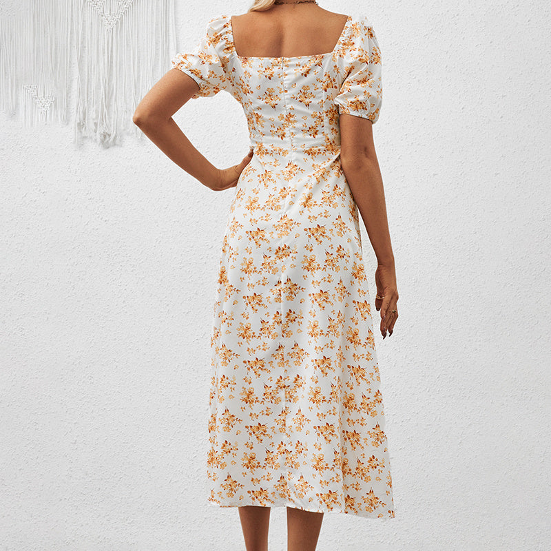 Women Square Neck Floral Print Puff Sleeve Side Slit Maxi Dress - Image 7