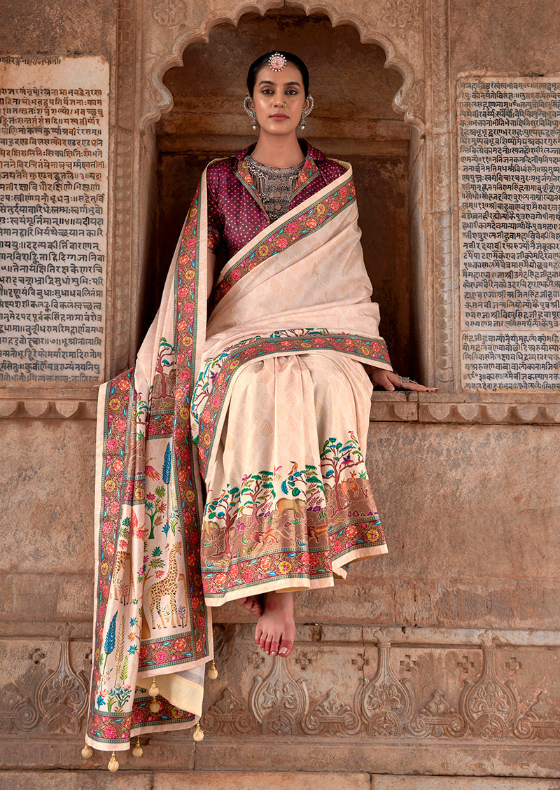 Cream Printed Silk Contemporary Saree for Elegant Occasions