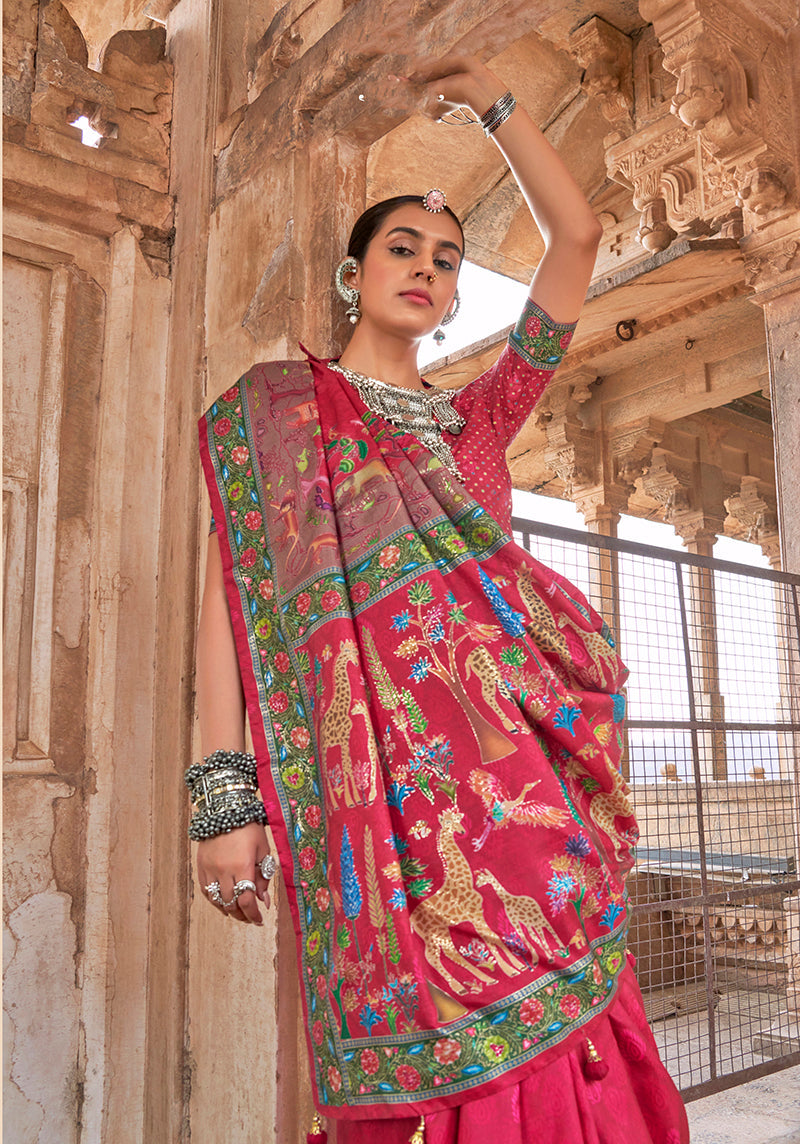 Dark Pink Printed Silk Contemporary Saree