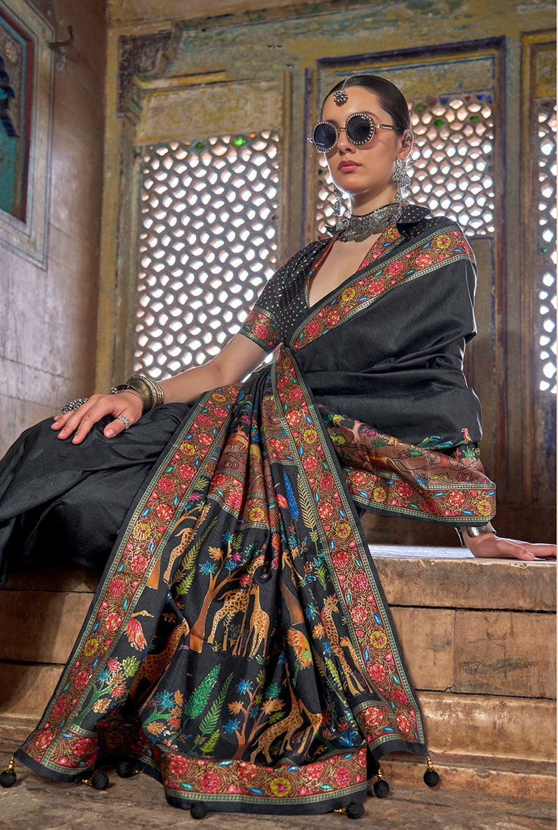 Black Printed Silk Contemporary Saree with Ethnic Motif
