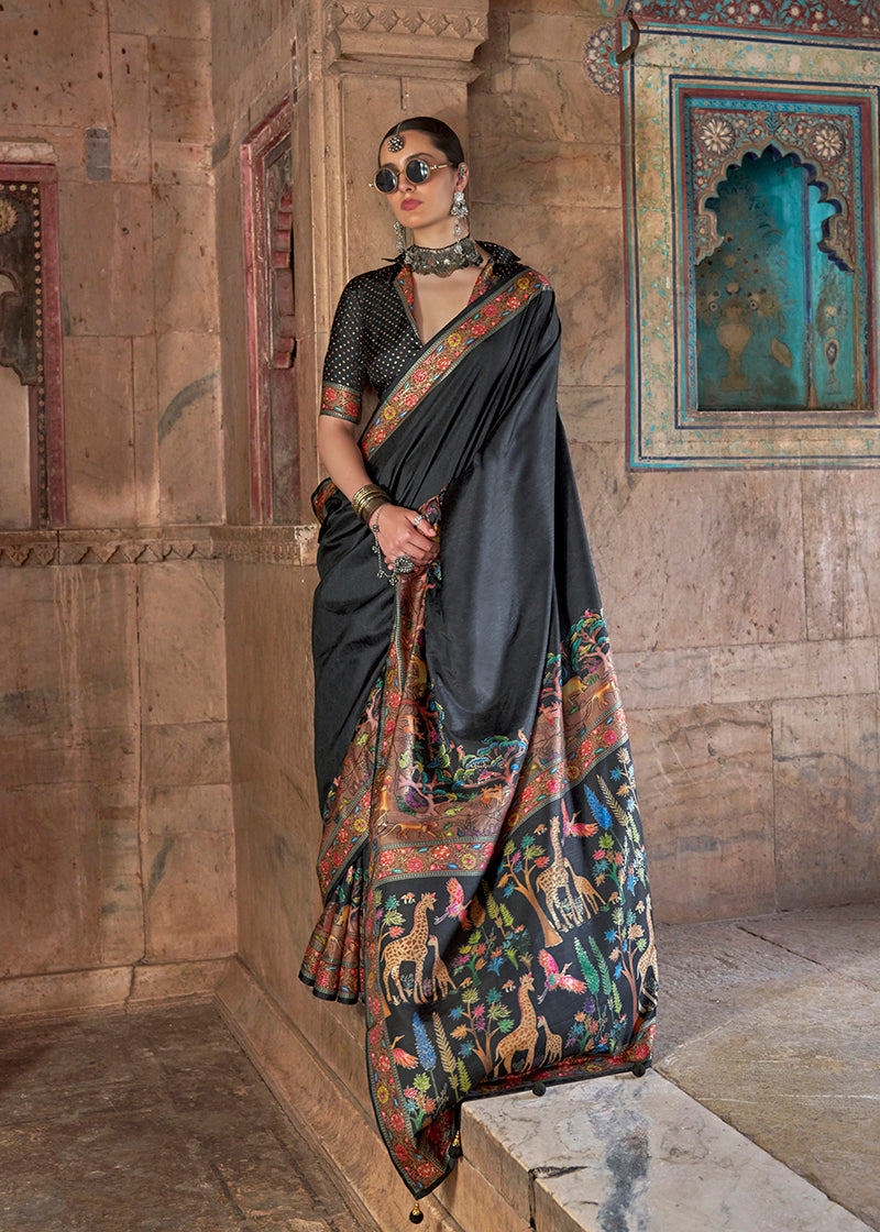 Black silk contemporary saree with ethnic print design