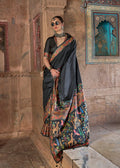 Black silk contemporary saree with ethnic print design