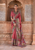 Maroon silk saree featuring intricate ethnic print