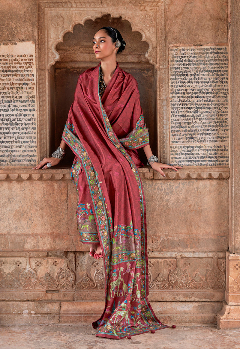 Maroon Printed Silk Saree for Contemporary Style