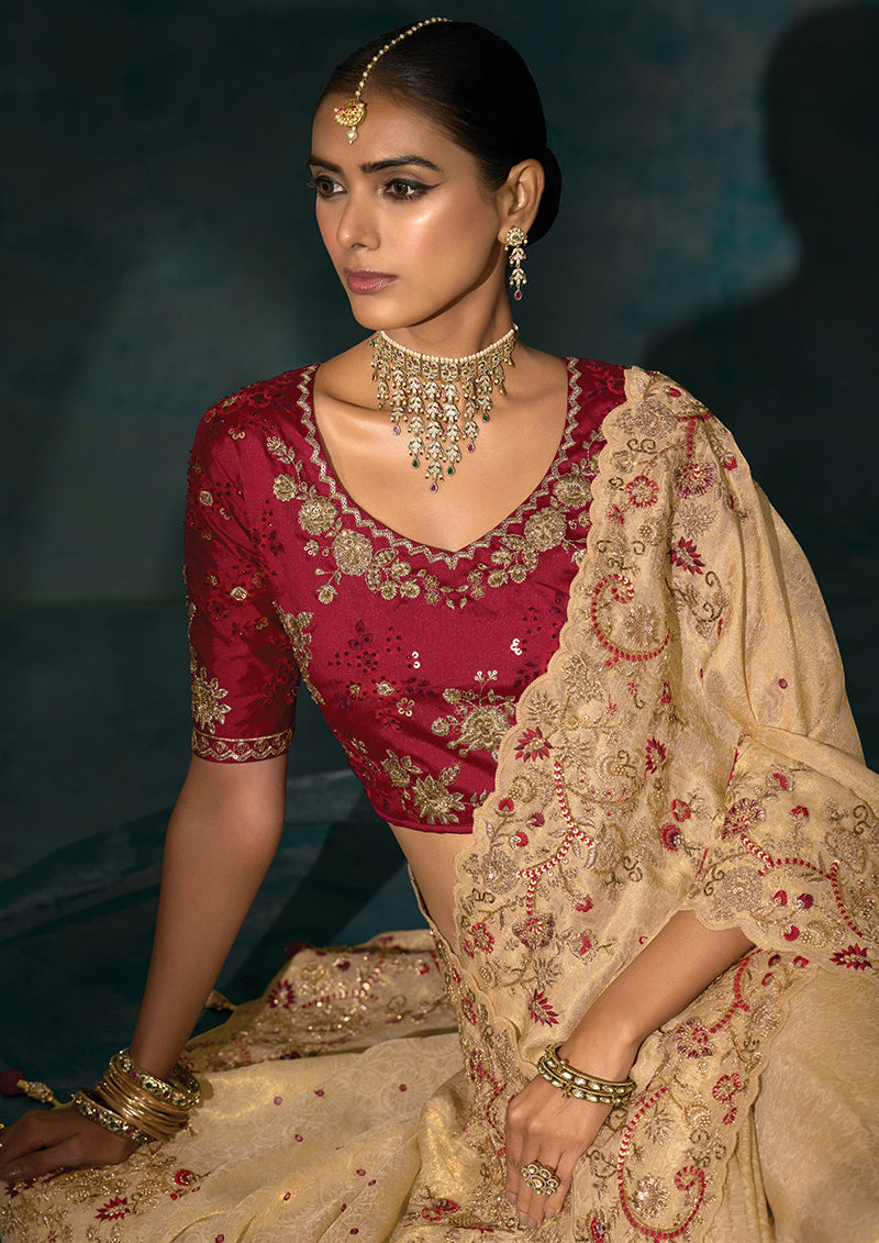 Monjolika Fashion Beige Color Silk Blend Cutdana Moti And Mirror Heavy Work Saree