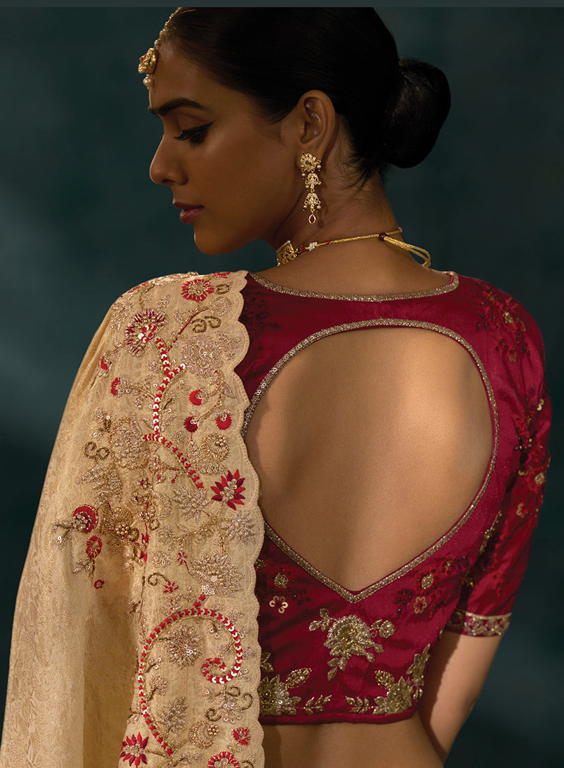 Monjolika Fashion Beige Color Silk Blend Cutdana Moti And Mirror Heavy Work Saree